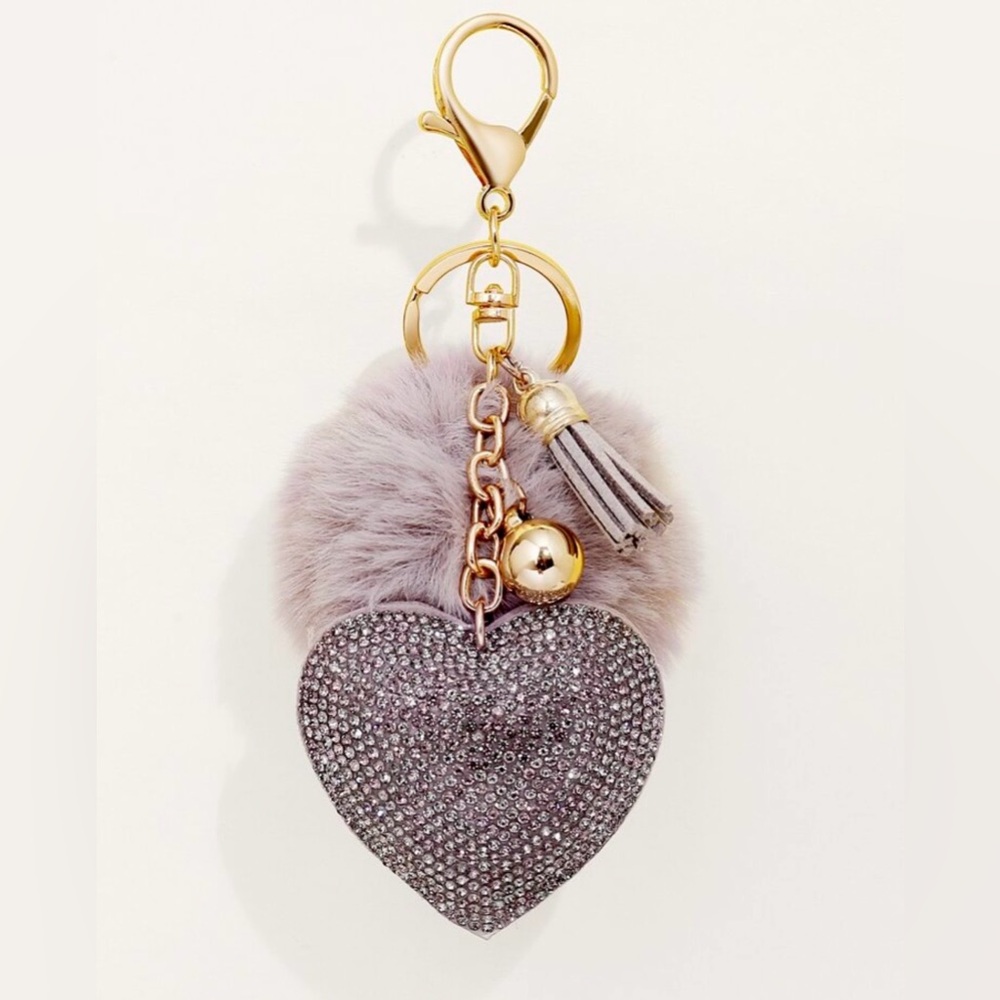 Bag Charm Grey Key Charm Plush Rhinestone Decorated Heart Shaped & Pom Pom